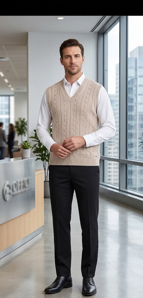 Hand-Knit Vintage Aesthetic Cable Stitch Wool Vest – Sand Beige (Size L/XL)
