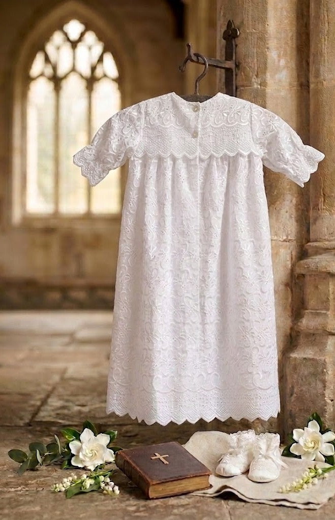 Elegant Heirloom Christening Gown with Blue Ribbon
