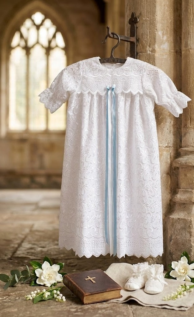 Elegant Heirloom Christening Gown with Blue Ribbon