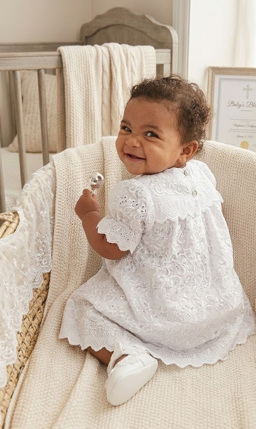 Elegant Heirloom Christening Gown with Blue Ribbon