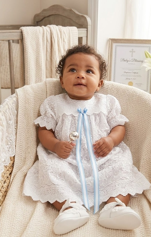 Elegant Heirloom Christening Gown with Blue Ribbon