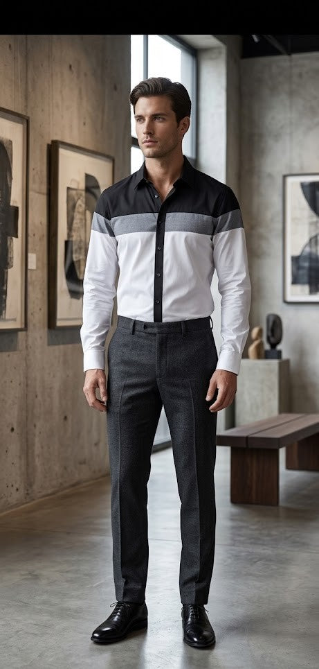 Jacques Mirrelli Men's Tri-Tone Paneled Button-Down – Large