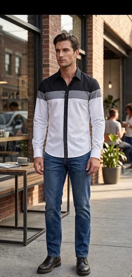 Jacques Mirrelli Men's Tri-Tone Paneled Button-Down – Large