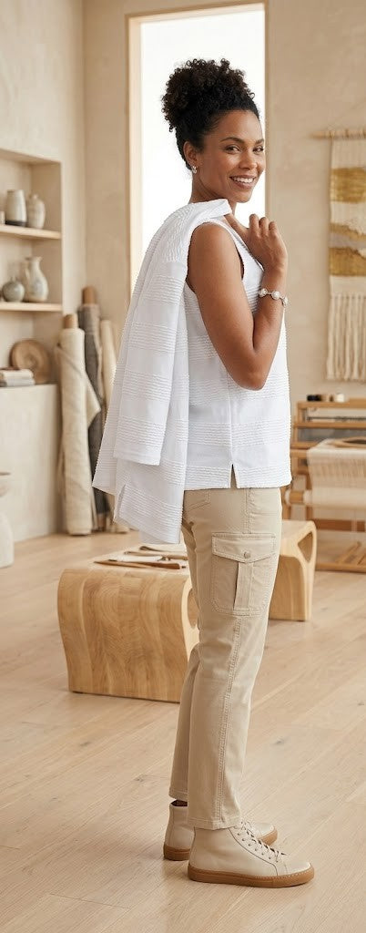 Milady's White Textured Stripe Sleeveless Top & Open Cardigan Set