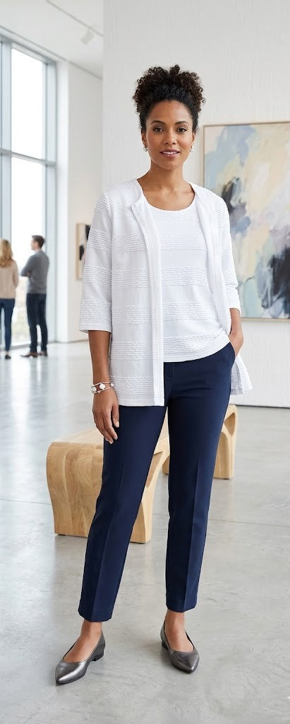 Milady's White Textured Stripe Sleeveless Top & Open Cardigan Set