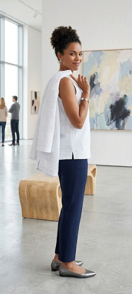 Milady's White Textured Stripe Sleeveless Top & Open Cardigan Set