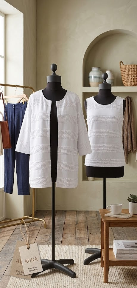 Milady's White Textured Stripe Sleeveless Top & Open Cardigan Set