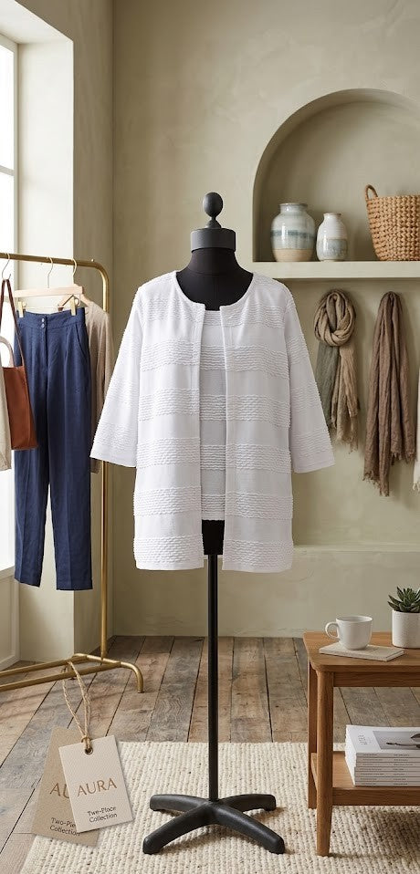 Milady's White Textured Stripe Sleeveless Top & Open Cardigan Set