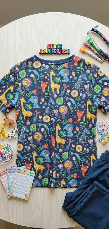 Whimsical Jungle Friends Pediatric Scrub Top – Size Large