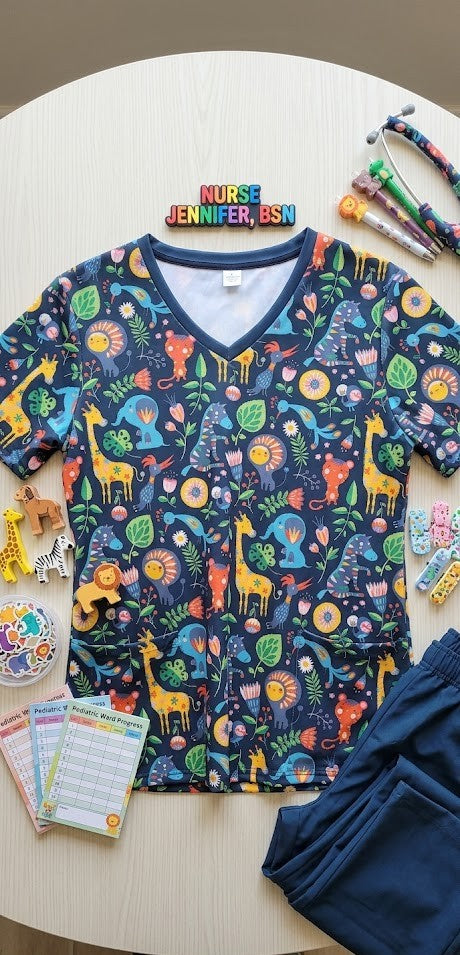 Whimsical Jungle Friends Pediatric Scrub Top – Size Large