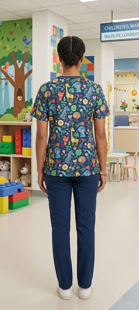 Whimsical Jungle Friends Pediatric Scrub Top – Size Large