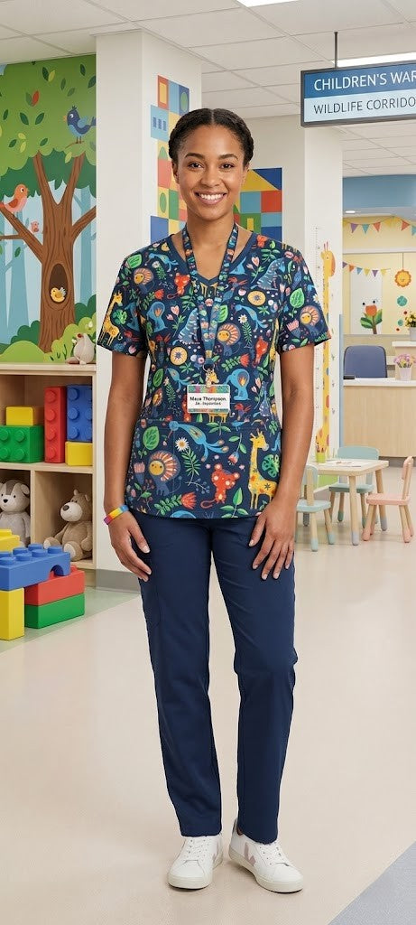Whimsical Jungle Friends Pediatric Scrub Top – Size Large