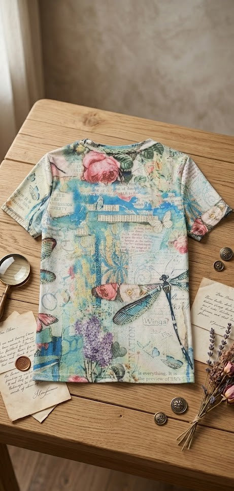 Enchanting Botanical Butterfly & Dragonfly Print T-Shirt - Size Small