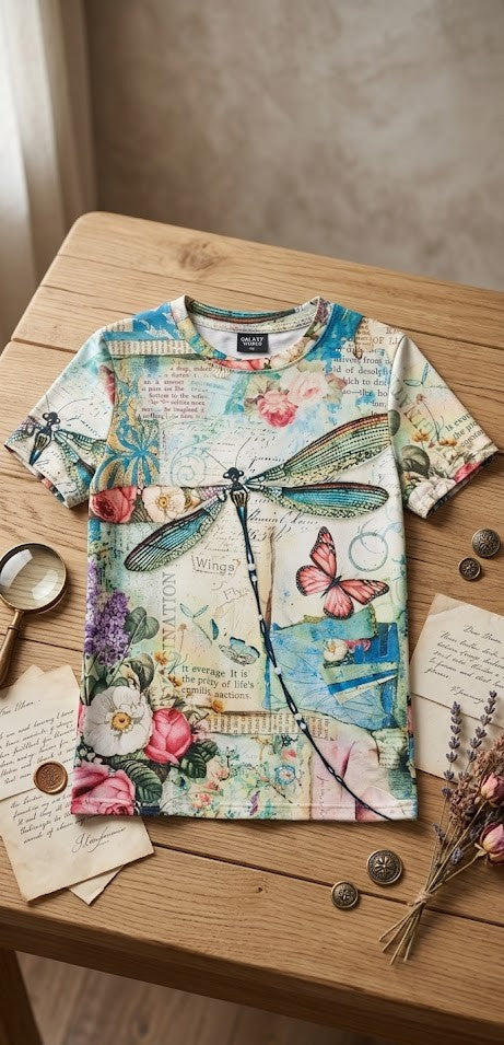 Enchanting Botanical Butterfly & Dragonfly Print T-Shirt - Size Small