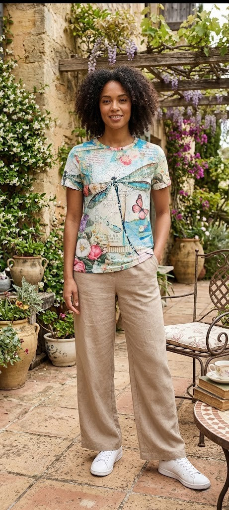 Enchanting Botanical Butterfly & Dragonfly Print T-Shirt - Size Small