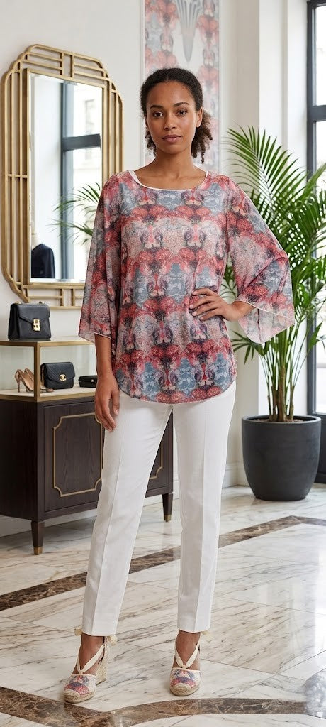 Queenspark Patterned Flutter-Sleeve Blouse