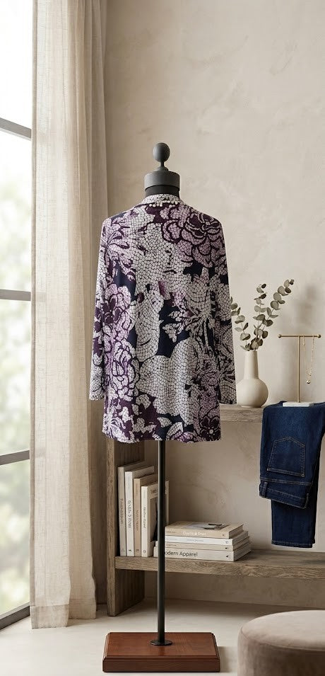 Floral Lace Print Layered Cardigan Blouse – Navy & Plum – Size L/XL