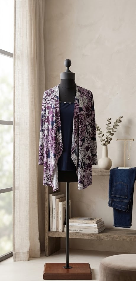 Floral Lace Print Layered Cardigan Blouse – Navy & Plum – Size L/XL