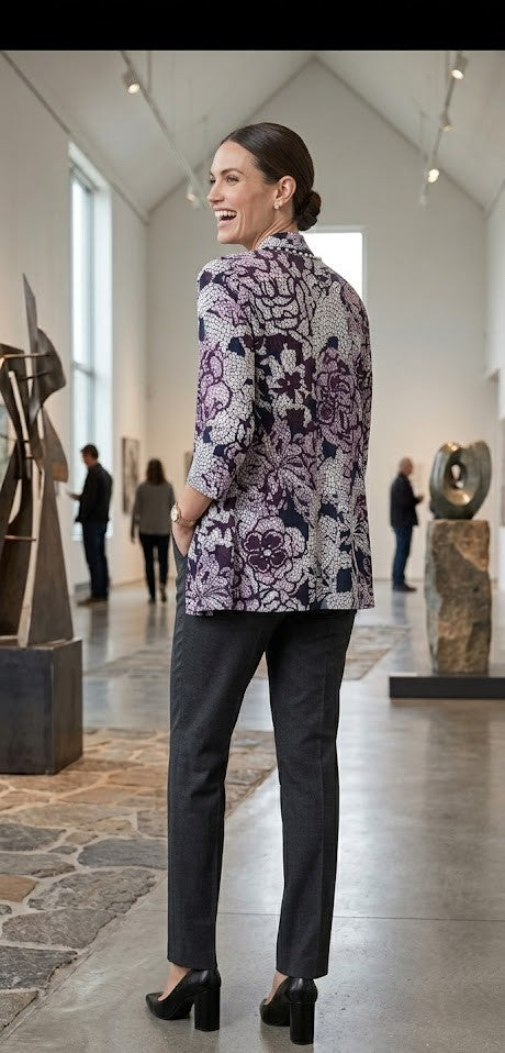 Floral Lace Print Layered Cardigan Blouse – Navy & Plum – Size L/XL