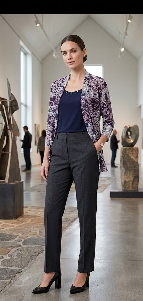 Floral Lace Print Layered Cardigan Blouse – Navy & Plum – Size L/XL