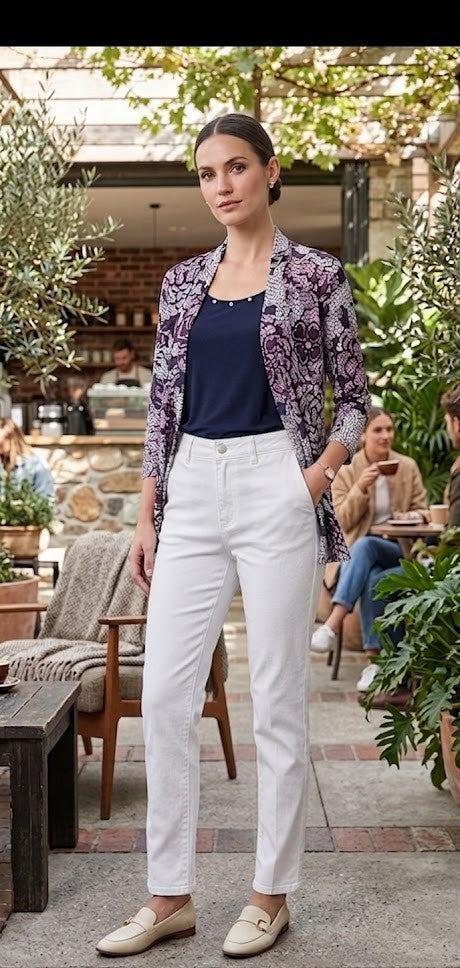 Floral Lace Print Layered Cardigan Blouse – Navy & Plum – Size L/XL