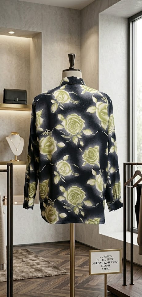 Vintage-Inspired Noir Artisan Rose Print Blouse – Excellent Condition