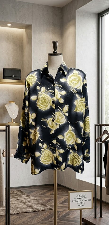Vintage-Inspired Noir Artisan Rose Print Blouse – Excellent Condition
