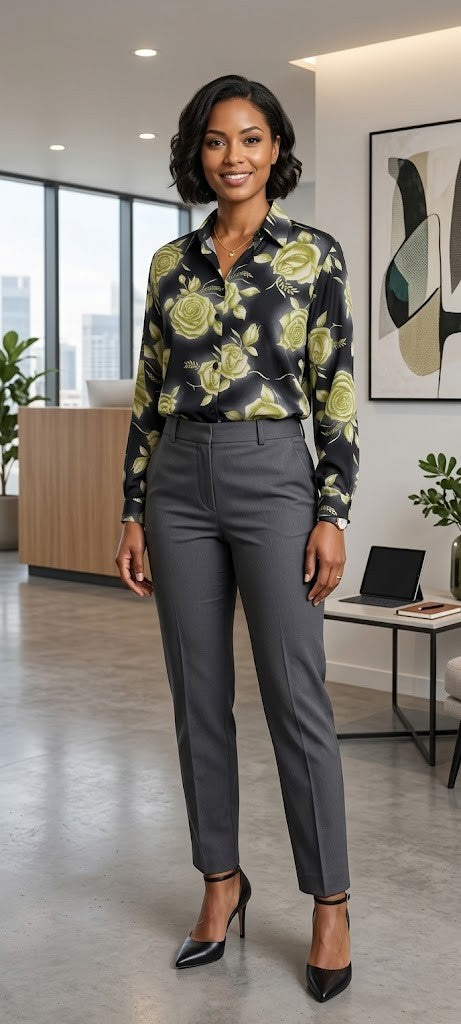 Vintage-Inspired Noir Artisan Rose Print Blouse – Excellent Condition