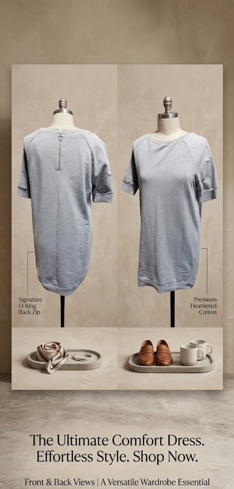 Heather Grey Raglan Sleeve Comfort Dress with Back Zipper - Size Small