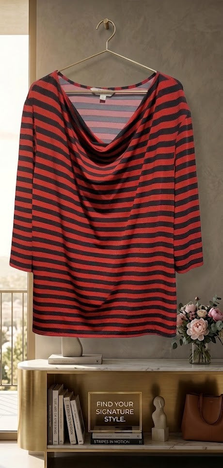 Merrien Hall Women’s Red & Black Striped Cowl Neck Blouse – Size 20