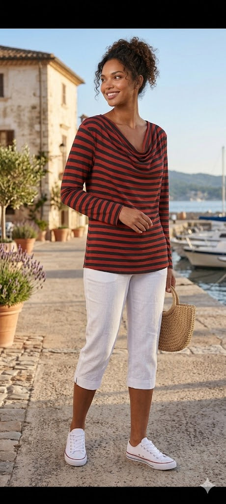 Merrien Hall Women’s Red & Black Striped Cowl Neck Blouse – Size 20