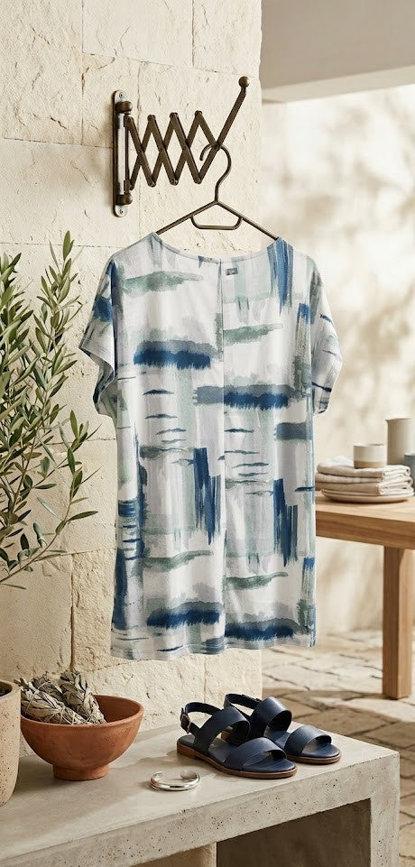 David Jones Women’s Abstract Print Blouse – Blue & Sage Green – Size M