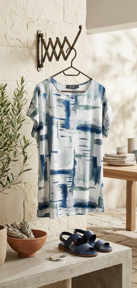 David Jones Women’s Abstract Print Blouse – Blue & Sage Green – Size M