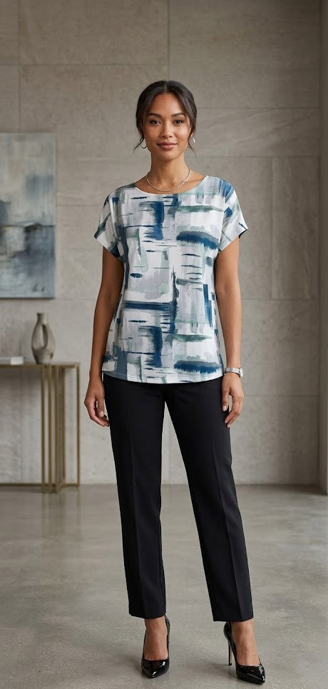 David Jones Women’s Abstract Print Blouse – Blue & Sage Green – Size M