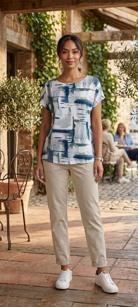 David Jones Women’s Abstract Print Blouse – Blue & Sage Green – Size M