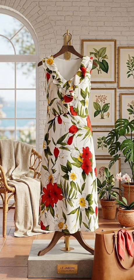 Queenspark Vibrant Summer Floral Midi Dress with Ruffle Neckline - Size 12