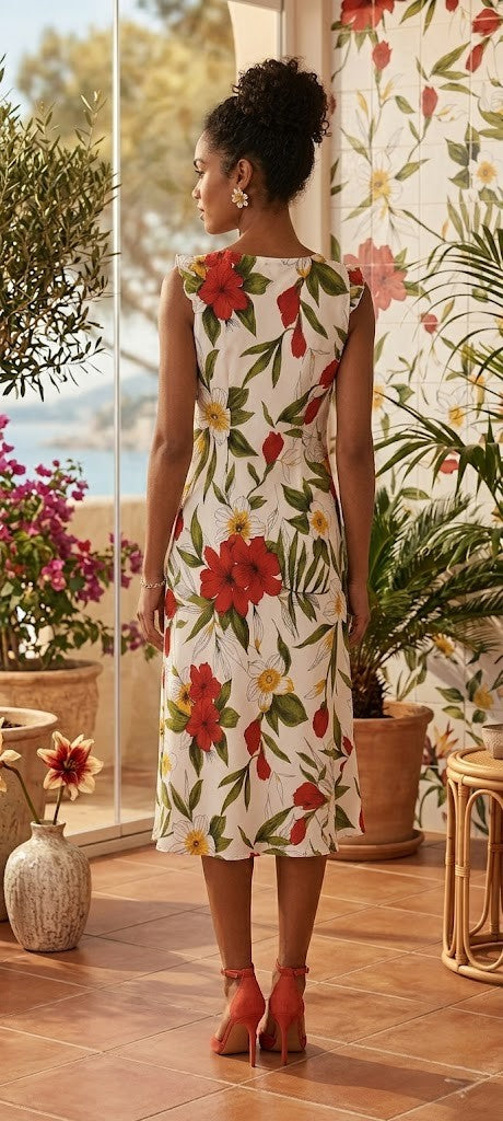 Queenspark Vibrant Summer Floral Midi Dress with Ruffle Neckline - Size 12