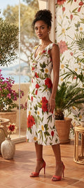 Queenspark Vibrant Summer Floral Midi Dress with Ruffle Neckline - Size 12