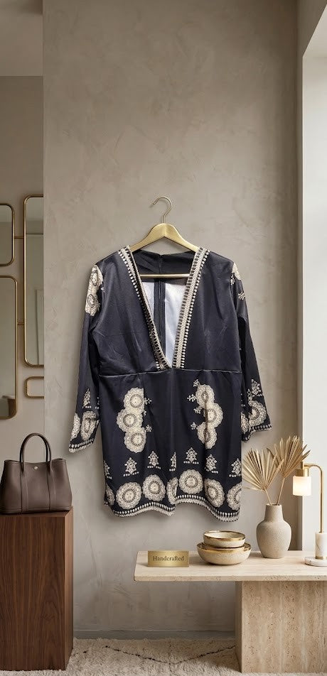 Elegant Boho-Chic V-Neck Tunic Blouse – Midnight & Cream