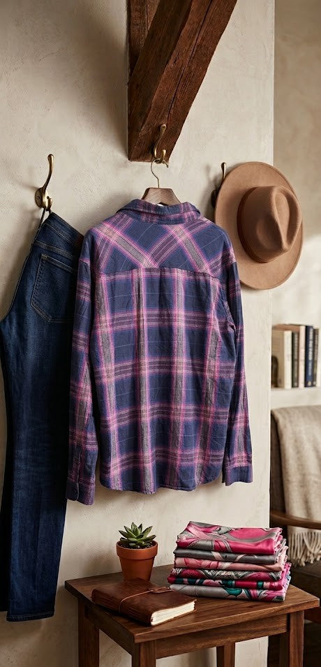 Relaxed Fit Long Sleeve Plaid Blouse | 100% Breathable Cotton | Size 2XL