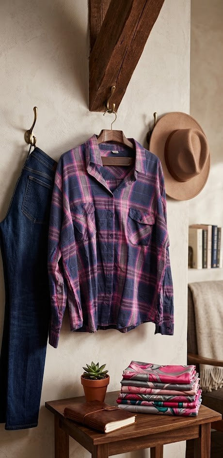 Relaxed Fit Long Sleeve Plaid Blouse | 100% Breathable Cotton | Size 2XL