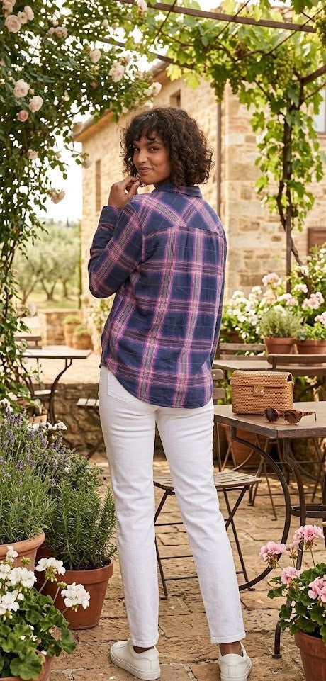 Relaxed Fit Long Sleeve Plaid Blouse | 100% Breathable Cotton | Size 2XL