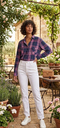 Relaxed Fit Long Sleeve Plaid Blouse | 100% Breathable Cotton | Size 2XL