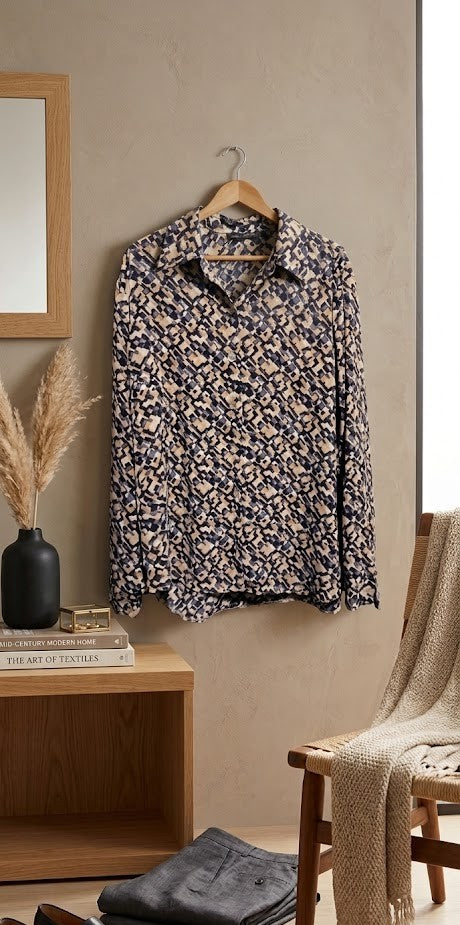 Geometric Art Deco Button-Down Blouse - Earth Tones