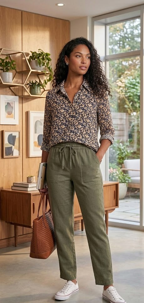 Geometric Art Deco Button-Down Blouse - Earth Tones