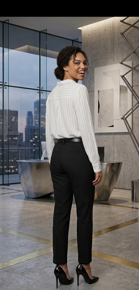 Classic Pinstripe Long-Sleeve Blouse in Crisp White – Size XXL