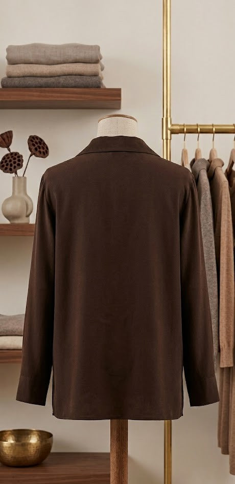Elegant Coffee Brown Button-Down Blouse - Size XXL