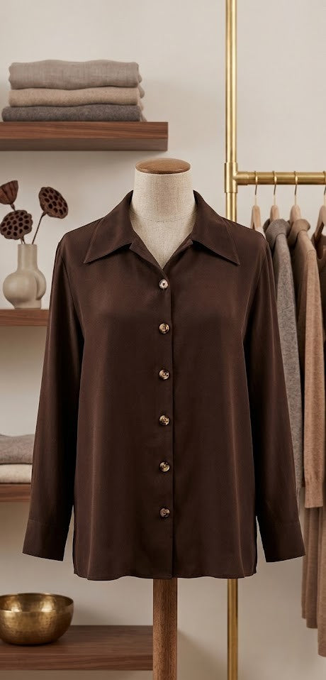 Elegant Coffee Brown Button-Down Blouse - Size XXL