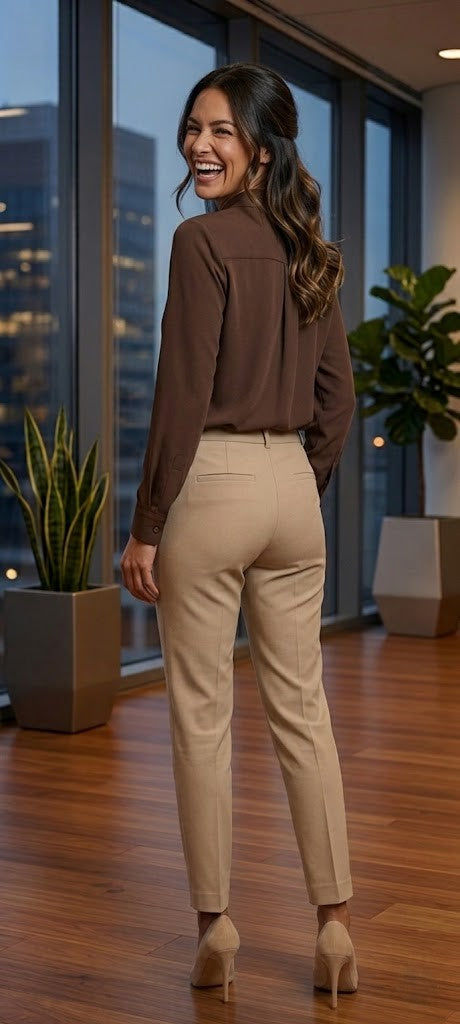 Elegant Coffee Brown Button-Down Blouse - Size XXL