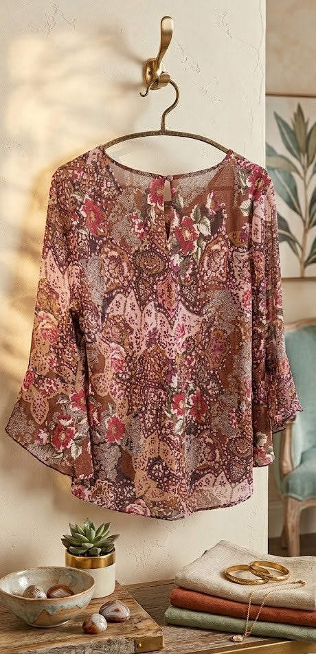Romantic Paisley Flutter-Sleeve Blouse – Earthy Tones (Size 42)